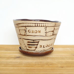 Stoneware Patchwork Planter Pot in Turkish Amber Glaze, Garden Pottery, Textured Ceramic Planter with drip tray image 2