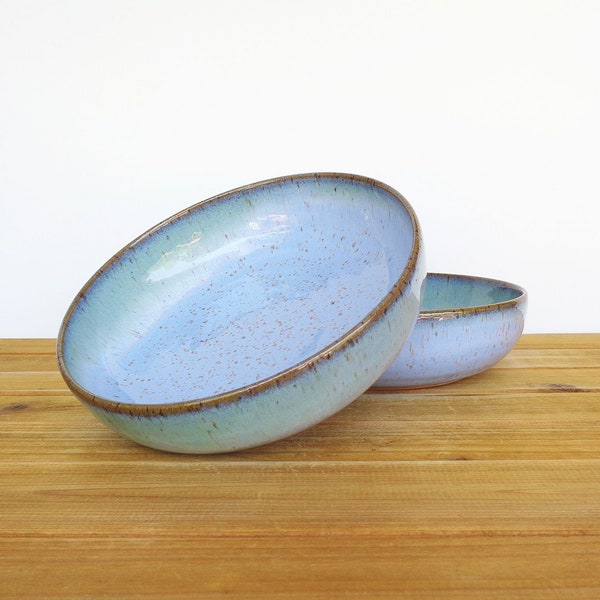 Ceramic Pasta Bowls in Castille Blue and Sea Mist Glazes - Rustic Stoneware Pottery Bowls - Set of 2