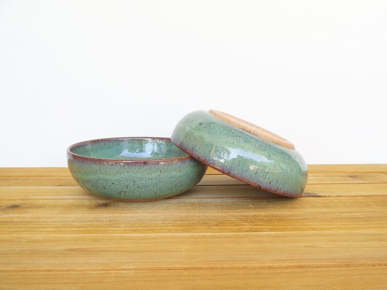 Pottery Stoneware Soup Bowls in Sea Mist Glaze, Teal Handmade Rustic Kitchen, Cereal Bowls, Set of 2 image 5