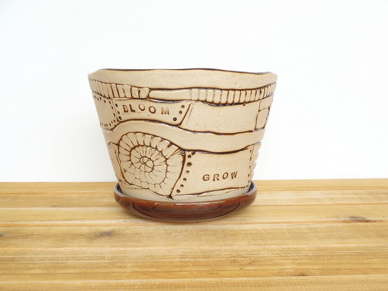 Stoneware Patchwork Planter Pot in Turkish Amber Glaze, Garden Pottery, Textured Ceramic Planter with drip tray image 1