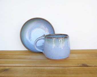 Stoneware Pottery Breakfast Set - One Mug and One Bowl in Castille Blue and Sea Mist Glazes, Rustic Kitchen Set