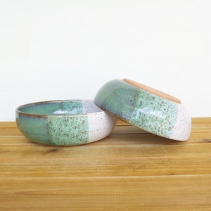 Soup Bowls in Sea Mist and White Glazes, Stoneware Pottery, Rustic Kitchen Set of 2 image 6