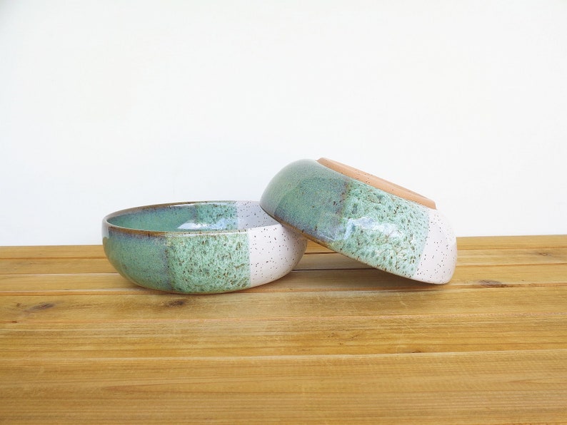 Soup Bowls in Sea Mist and White Glazes, Stoneware Pottery, Rustic Kitchen Set of 2 image 6