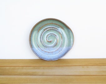 Spoon Rest Stoneware Ceramic in Castille Blue and Sea Mist Glazes, Kitchen Prep Pottery, Rustic Ceramic