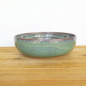 Ceramic Nesting Pottery Bowl Set in Sea Mist Glaze, Green Blue Stoneware Serving Bowl, Teal Glaze Set of Three image 3