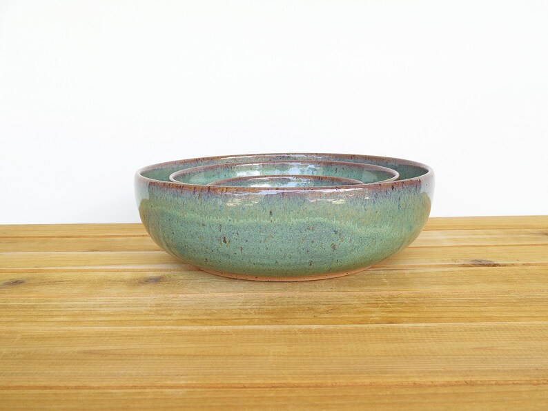 Ceramic Nesting Pottery Bowl Set in Sea Mist Glaze, Green Blue Stoneware Serving Bowl, Teal Glaze Set of Three image 3