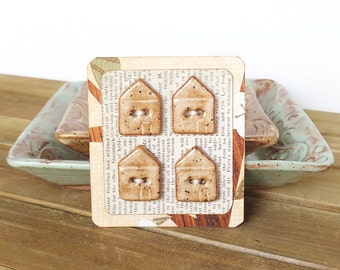 Ceramic House Buttons in Speckled Tan Glaze, Set of 4, Rustic Sewing Notions