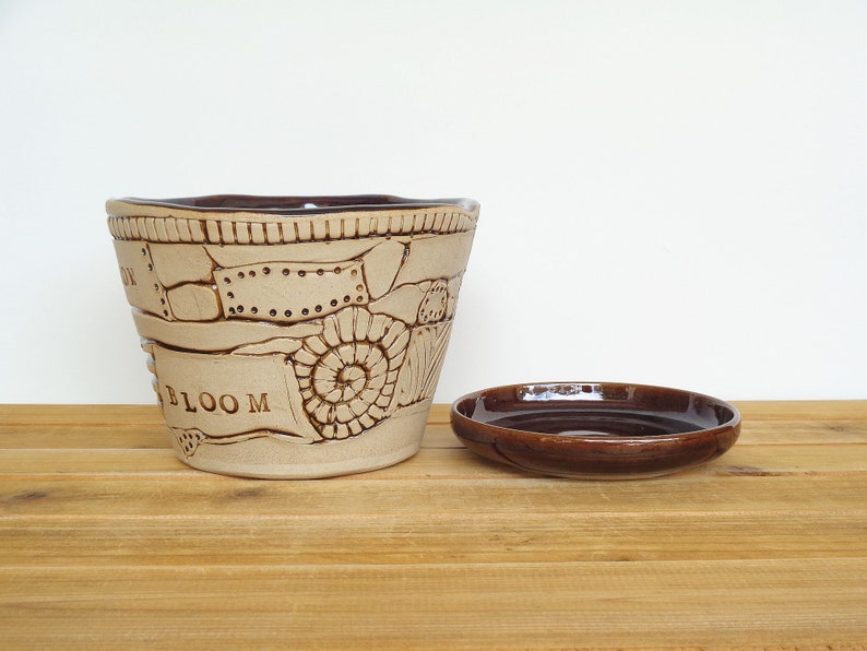 Stoneware Patchwork Planter Pot in Turkish Amber Glaze, Garden Pottery, Textured Ceramic Planter with drip tray image 6