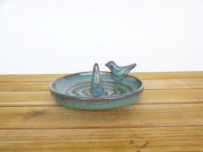 Ceramic Ring Dish in Sea Mist Glaze with Bird Decoration, Stoneware Clay, Jewelry Bowl, Bridal Ring Dish image 6