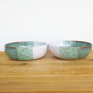 Soup Bowls in Sea Mist and White Glazes, Stoneware Pottery, Rustic Kitchen Set of 2 image 5