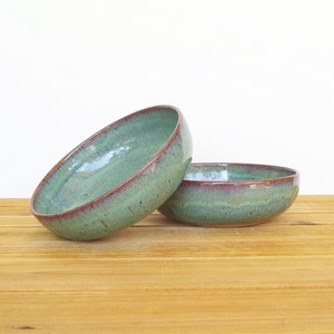 Pottery Stoneware Soup Bowls in Sea Mist Glaze, Teal Handmade Rustic Kitchen, Cereal Bowls, Set of 2 image 1