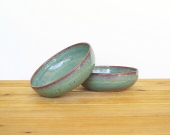 Pottery Stoneware Soup Bowls in Sea Mist Glaze, Teal Handmade Rustic Kitchen, Cereal Bowls, Set of 2