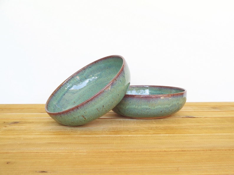 Pottery Stoneware Soup Bowls in Sea Mist Glaze, Teal Handmade Rustic Kitchen, Cereal Bowls, Set of 2 image 1