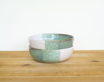 Soup Bowls in Sea Mist and White Glazes, Stoneware Pottery, Rustic Kitchen  - Set of 2