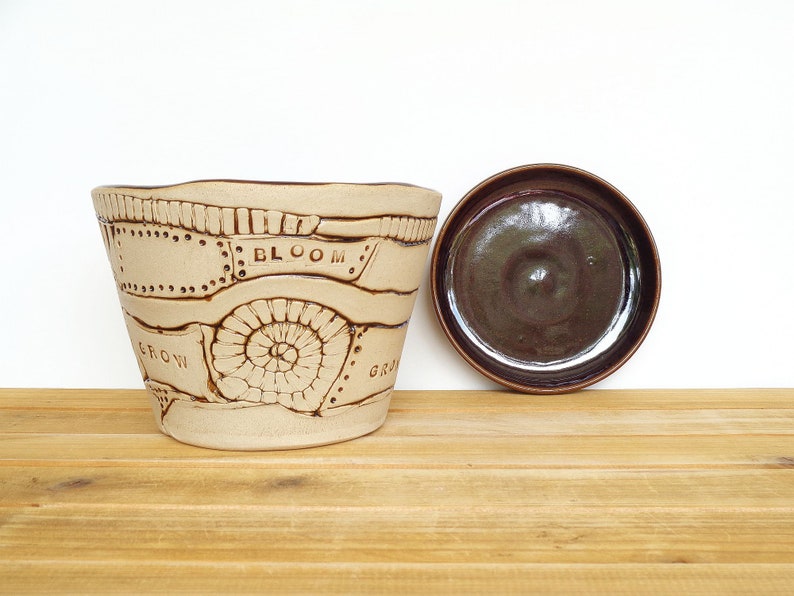 Stoneware Patchwork Planter Pot in Turkish Amber Glaze, Garden Pottery, Textured Ceramic Planter with drip tray image 8