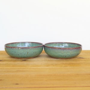 Pottery Stoneware Soup Bowls in Sea Mist Glaze, Teal Handmade Rustic Kitchen, Cereal Bowls, Set of 2 image 3