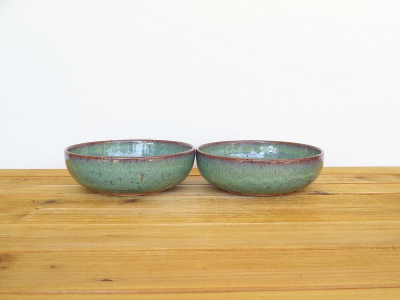 Pottery Stoneware Soup Bowls in Sea Mist Glaze, Teal Handmade Rustic Kitchen, Cereal Bowls, Set of 2 image 3