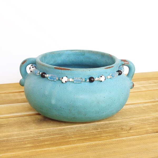 Stoneware Turquoise Beaded Pot - Rustic Decorative Beaded Pottery