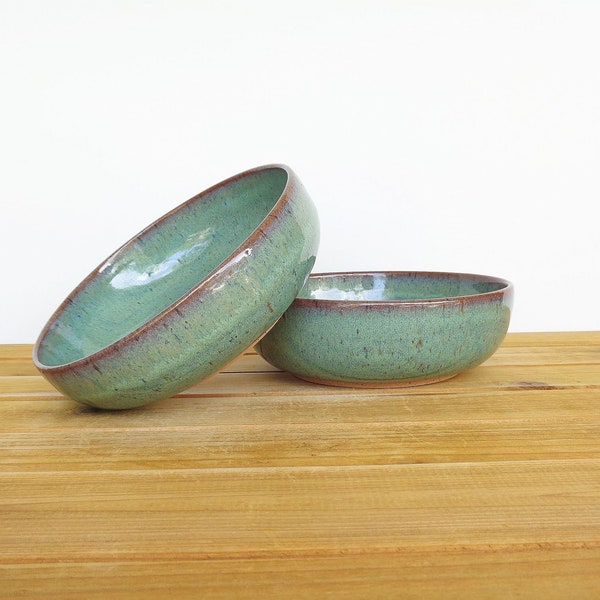 Pottery Stoneware Soup Bowls in Sea Mist Glaze, Teal Handmade Rustic Kitchen, Cereal Bowls, Set of 2