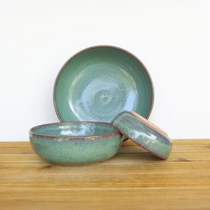Ceramic Nesting Pottery Bowl Set in Sea Mist Glaze, Green Blue Stoneware Serving Bowl, Teal Glaze Set of Three image 8