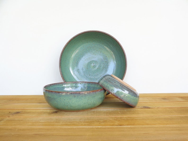 Ceramic Nesting Pottery Bowl Set in Sea Mist Glaze, Green Blue Stoneware Serving Bowl, Teal Glaze Set of Three image 8