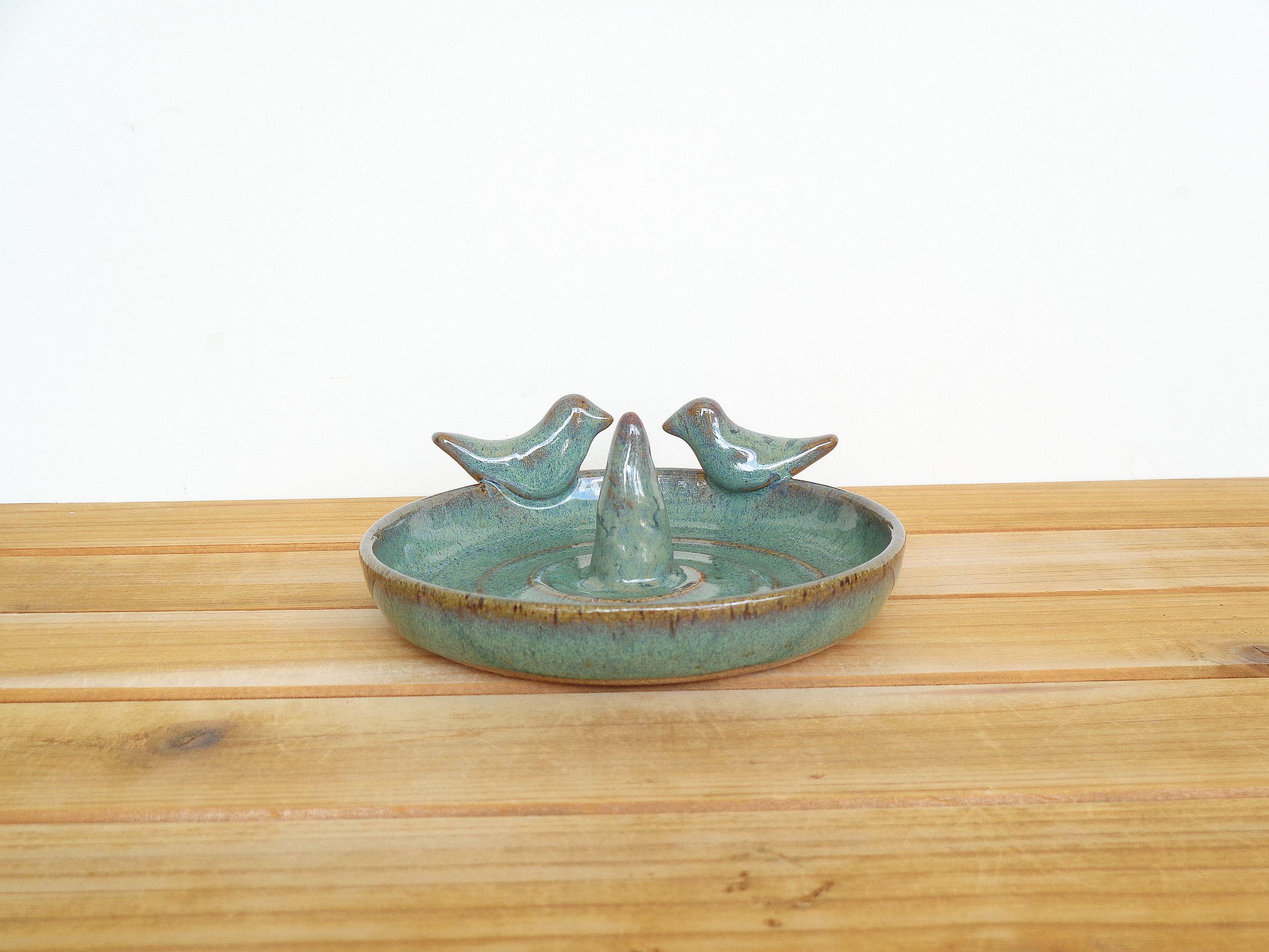 Wedding Ring Dish in Sea Mist Glaze with Two Birds