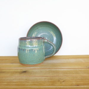 Ceramic Pottery Breakfast Set One Mug and One Bowl in Sea Mist Glaze, Rustic Stoneware, Kitchen Pottery image 4