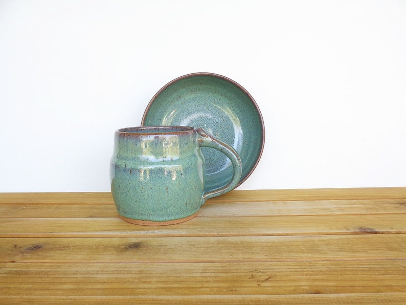 Ceramic Pottery Breakfast Set One Mug and One Bowl in Sea Mist Glaze, Rustic Stoneware, Kitchen Pottery image 4