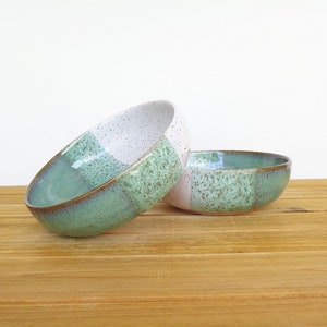 Soup Bowls in Sea Mist and White Glazes, Stoneware Pottery, Rustic Kitchen Set of 2 image 4