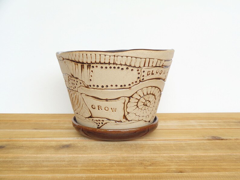 Stoneware Patchwork Planter Pot in Turkish Amber Glaze, Garden Pottery, Textured Ceramic Planter with drip tray image 4