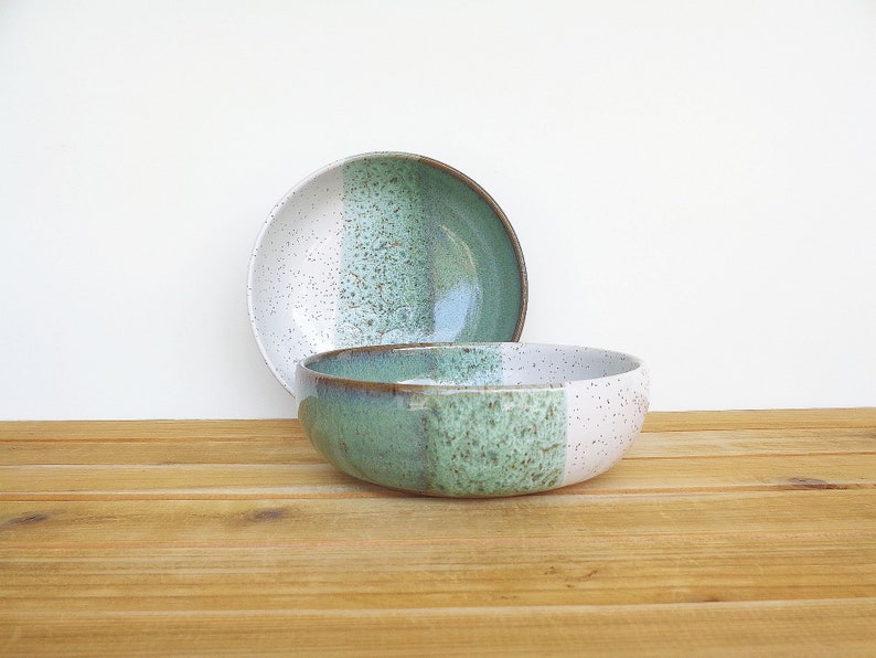 Soup Bowls in Sea Mist and White Glazes, Stoneware Pottery, Rustic Kitchen Set of 2 image 8