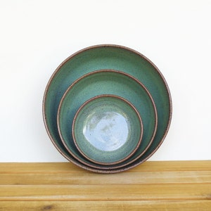 Ceramic Nesting Pottery Bowl Set in Sea Mist Glaze, Green Blue Stoneware Serving Bowl, Teal Glaze Set of Three image 1