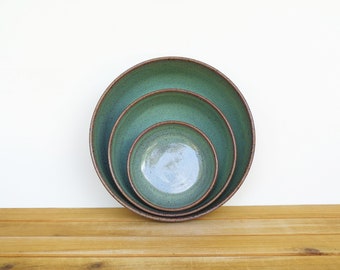 Ceramic Nesting Pottery Bowl Set in Sea Mist Glaze, Green Blue Stoneware Serving Bowl, Teal Glaze - Set of Three