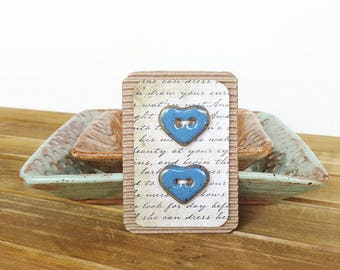 Stoneware Heart Buttons in Glossy Blue Glaze - Set of 2