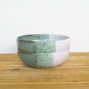 Soup Bowls in Sea Mist and White Glazes, Stoneware Pottery, Rustic Kitchen Set of 2 image 1