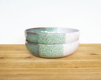 Ceramic Stoneware Pasta Bowls in Sea Mist and White Glazes, Rustic Kitchen Pottery Bowls - Set of 2