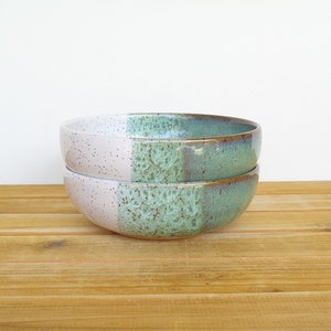 Soup Bowls in Sea Mist and White Glazes, Stoneware Pottery, Rustic Kitchen Set of 2 image 2