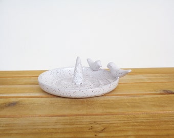 Wedding Ring Dish in Glossy White Speckled Glaze with Two Birds, Gifts for the Couple, Bridal Ring Dish