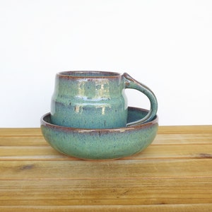 Ceramic Pottery Breakfast Set One Mug and One Bowl in Sea Mist Glaze, Rustic Stoneware, Kitchen Pottery image 7