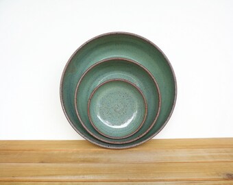 Ceramic Nesting Pottery Bowl Set in Sea Mist Glaze, Green Blue Stoneware Serving Bowl, Teal Glaze - Set of Three