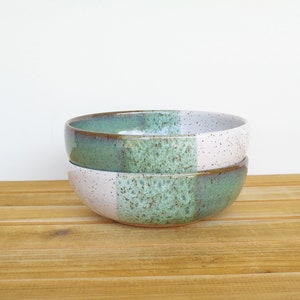 Soup Bowls in Sea Mist and White Glazes, Stoneware Pottery, Rustic Kitchen Set of 2 image 3