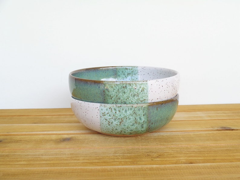 Soup Bowls in Sea Mist and White Glazes, Stoneware Pottery, Rustic Kitchen Set of 2 image 3