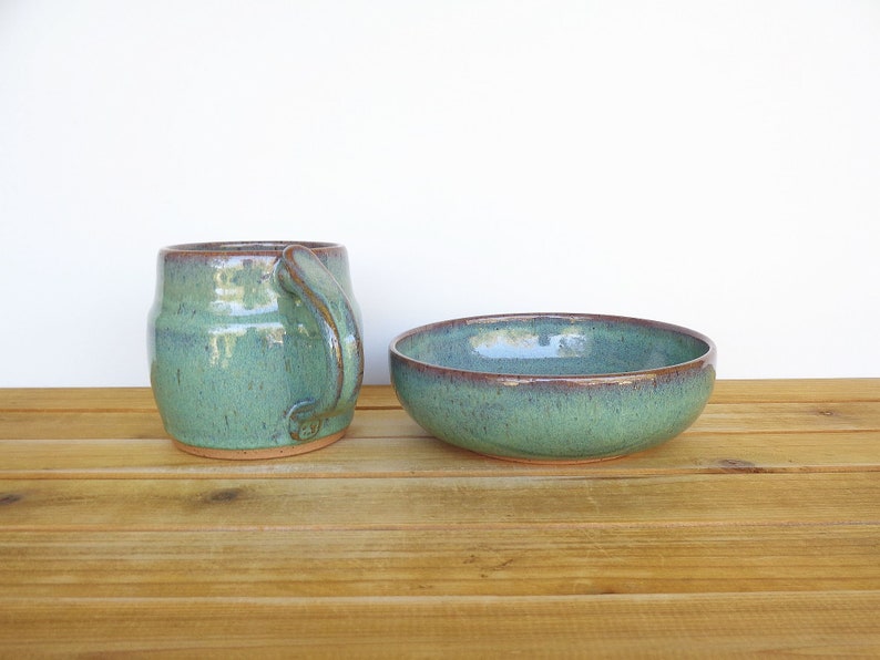 Ceramic Pottery Breakfast Set One Mug and One Bowl in Sea Mist Glaze, Rustic Stoneware, Kitchen Pottery image 5