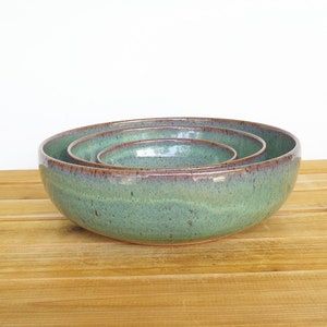 Ceramic Nesting Pottery Bowl Set in Sea Mist Glaze, Green Blue Stoneware Serving Bowl, Teal Glaze Set of Three image 10