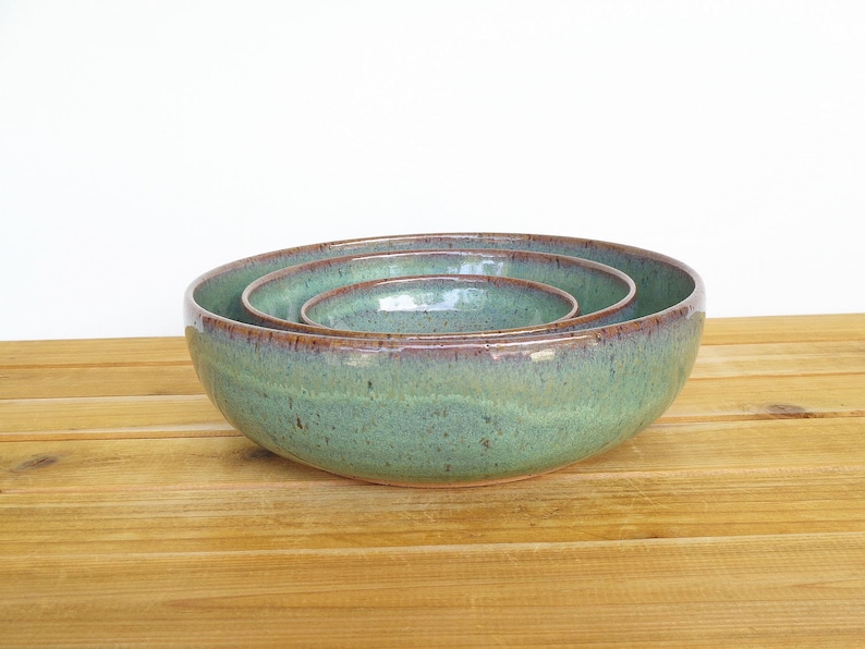 Ceramic Nesting Pottery Bowl Set in Sea Mist Glaze, Green Blue Stoneware Serving Bowl, Teal Glaze Set of Three image 10