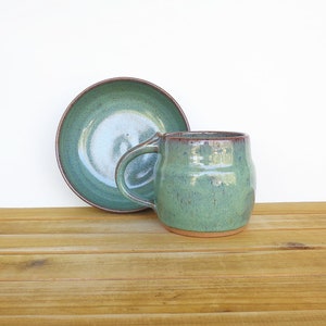 Ceramic Pottery Breakfast Set One Mug and One Bowl in Sea Mist Glaze, Rustic Stoneware, Kitchen Pottery image 2