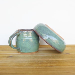 Ceramic Pottery Breakfast Set One Mug and One Bowl in Sea Mist Glaze, Rustic Stoneware, Kitchen Pottery image 1