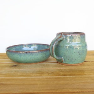 Ceramic Pottery Breakfast Set One Mug and One Bowl in Sea Mist Glaze, Rustic Stoneware, Kitchen Pottery image 6