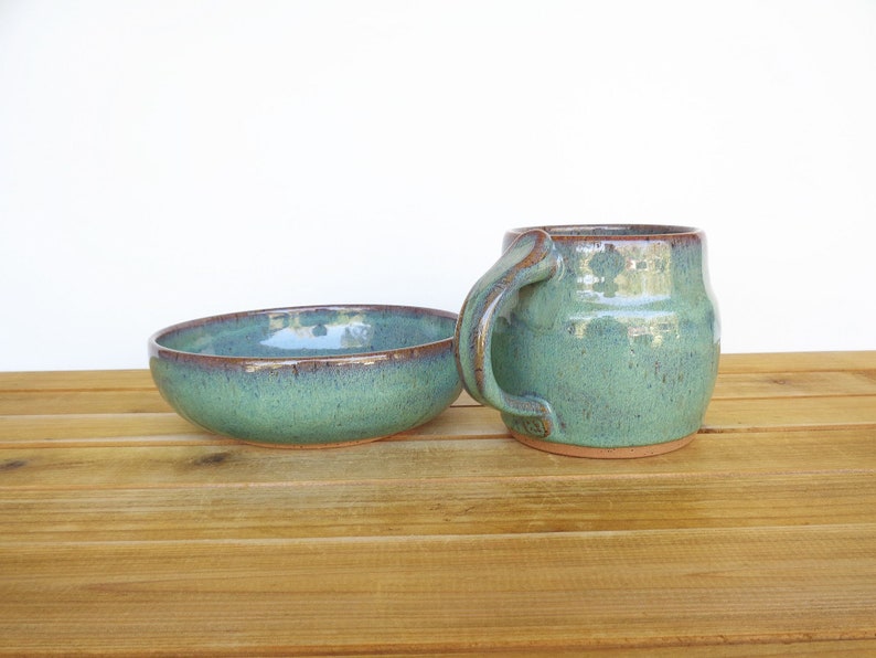 Ceramic Pottery Breakfast Set One Mug and One Bowl in Sea Mist Glaze, Rustic Stoneware, Kitchen Pottery image 6