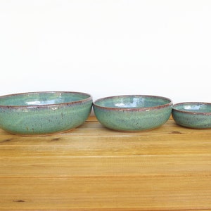 Ceramic Nesting Pottery Bowl Set in Sea Mist Glaze, Green Blue Stoneware Serving Bowl, Teal Glaze Set of Three image 4